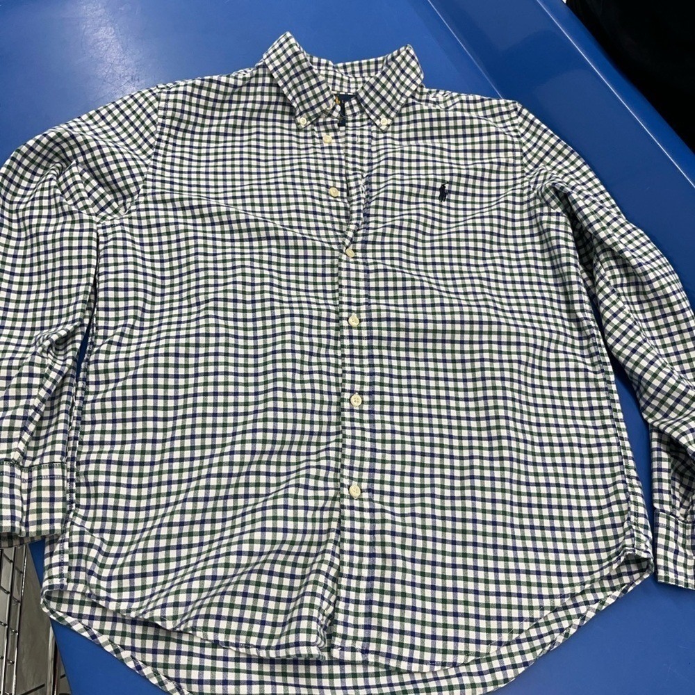 Polo Ralph Lauren Boys XL 18-20 Gingham Check Button Down Shirt Green Navy Blue